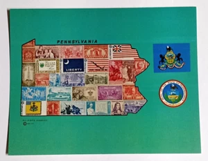 Pennsylvania Historical Postage Stamp Map Postcard 1972 w/ PA State Flag & Seal - Picture 1 of 2
