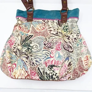 Lucky Brand Large Shoulder Hobo Tote Bag BUTTERFLY Hippie Print Canvas & Leather - Picture 1 of 13