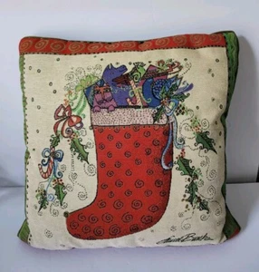 Laurel Burch Tapestry Throw Pillow Christmas Stocking Red Square Green 16x 16 - Picture 1 of 10