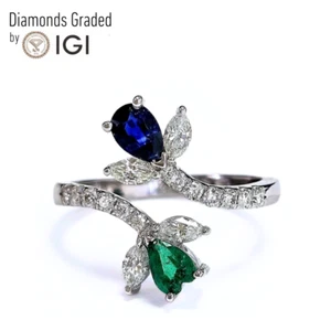IGI 1.21 Fancy Emerald & Sapphire Natural Diamond Engagement Ring 14K White Gold - Picture 1 of 7