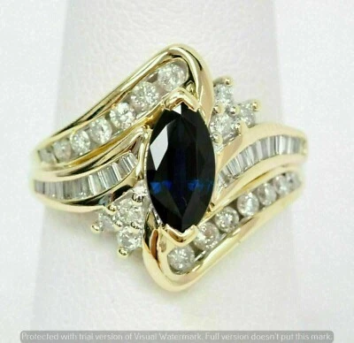 Alianza de diamantes con zafiro creado en laboratorio de corte marquesa de 3 quilates enchapada en oro amarillo de 14 k Foto 1 de 4