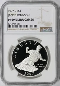 1997-S $1 Jackie Robinson Silver Dollar Commemorative NGC PF69 Ultra Cameo - Picture 1 of 4