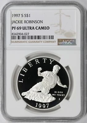 1997-S $1 Jackie Robinson Silver Dollar Commemorative NGC PF69 Ultra Cameo - Image 1 of 4