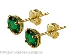 9ct Yellow Gold 5mm Round Lab Created Emerald Stud Earrings complete with backs - Picture 1 of 1