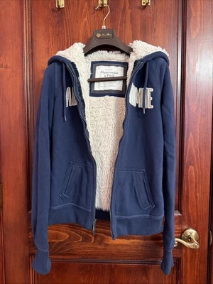 Sudadera con capucha vintage Y2K Abercrombie & Fitch con logotipo azul marino forrada en piel y cremallera para mujer L Foto 1 de 4