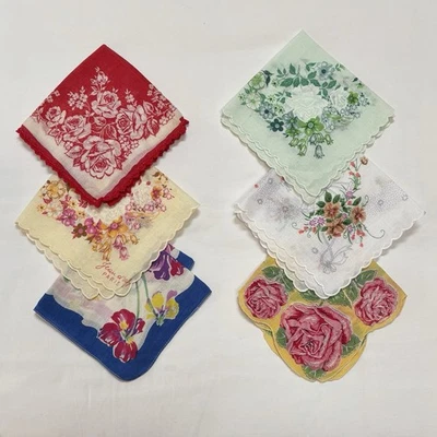 Vtg Lot Of 6 Print Hankies Handkerchief Floral  Pink Crafting Cutter 50s #4 - Image 1 of 4