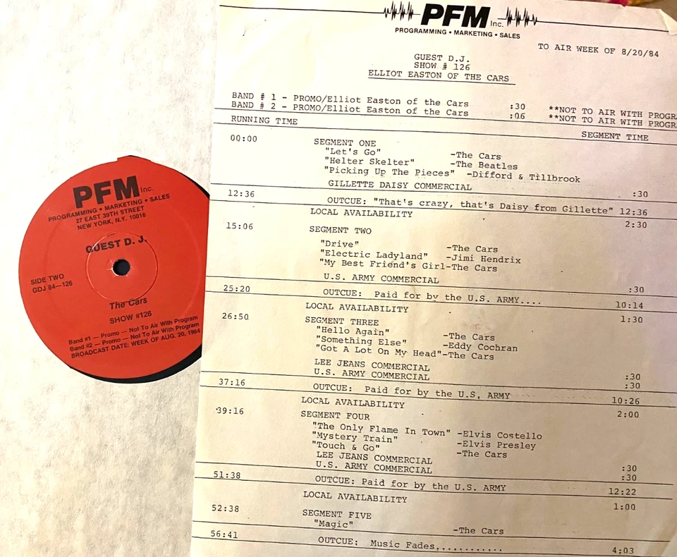 8/20/84 GUEST DJ ELLIOT EASTON (THE CARS) 7 TUNES, ELVIS COSTELLO, JIMI HENDRIX - Image 1 of 1