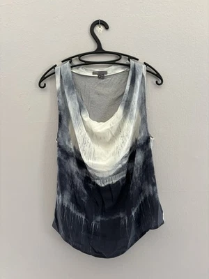 Blusa Top VINCE Azul Blanco Semi Transparente 100% Seda Capucha Cuello Sin Mangas Talla Pequeña Foto 1 de 4