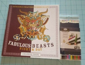 Barrons Fabulous Beasts Day & Night Coloring Book & 12 Color Pencils, Brand New - Picture 1 of 12