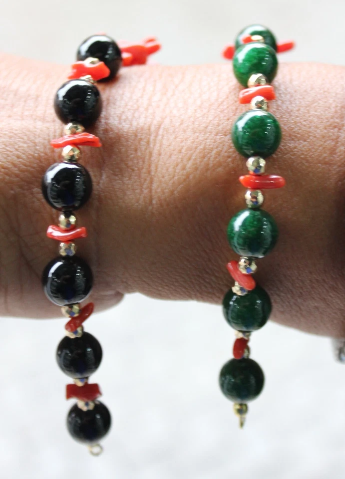 Bracciale Donna Corallo Rosso Naturale Onice e Giada Verde cm 19 exploit - Immagine 1 di 4