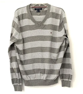 Tommy Hilfiger Size Large Sweater Men's Classiccore Gray Striped Logo  Z1 - Picture 1 of 7