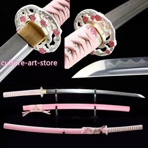 Pink Katana Real Hamon Japanese Katana Sword Clay Tempered Folded Steel Sharp - Picture 1 of 10