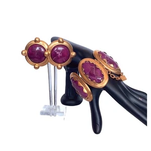Anne Klein Couture rare vintage 80s magenta marble cabochon earrings & bracelet - Picture 1 of 10