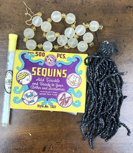 Lot Vintage White Tube Black Sequins Seed Beads Craft House A Walco - Picture 1 of 12