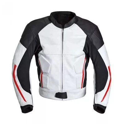 Men's Genuine Leather Motorcycle Jacket | Biker Apparel | Black White Red - Image 1 of 3