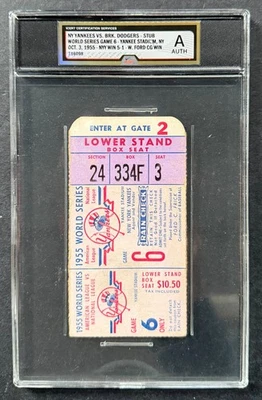 1955 年世界系列赛 6 号门票存根纽约洋基队布鲁克林道奇队 iCert A — 第 1/4 张图片