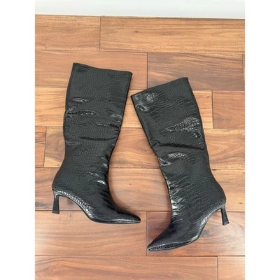 Steve Madden Black Crocodile Embossed Pointed Toe Heel Knee High Boots - Image 1 of 4