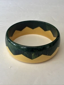 Vintage Sägezahn Zick Zack Bakelit Armband Armreif marmoriert grün Butterscotch getestet - Bild 1 von 6