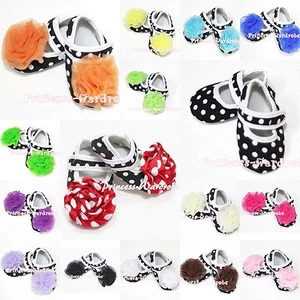 Black White Polka Dots Infant Baby Crib Shoes Rose For Pettiskirt Unisex 0-18m - Bild 1 von 17