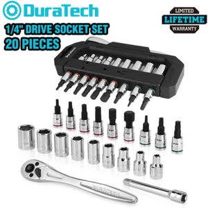 DURATECH 1/4" Dr Socket Set 20PC Metric Bit Sockets Ratchet Wrench Extension Bar - Picture 1 of 9