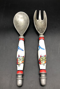 Serving Salad Fork & Spoon Set Metal/ Ceramic Handle Hand Painted Fish Design