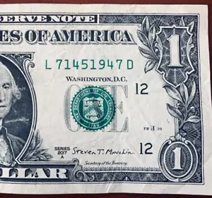 1947 Trailing Birth Year Note One Dollar Bill Fancy Serial Number L7145 1947D - Picture 1 of 3