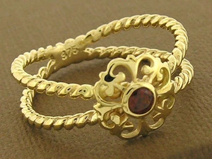 R096- Genuine 9ct Solid Gold NATURAL Garnet Rope Ring - Fleur-de-lis size N - Picture 1 of 4