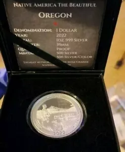 2022 Native America the Beautiful Oregon 1oz Proof Silver Coin (Box & COA)Rare! - Picture 1 of 5