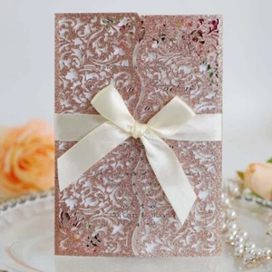 20pcs Glitter Hollow Invitations Cards with Envelopes Ribbon for Wedding Invite - Picture 1 of 12