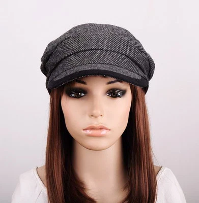 SM249 Negro Otoño Rayas Inteligentes Algodón Lana Sombrero Gorra Visera Newsboy Para Mujer Nuevo con Etiquetas Foto 1 de 4