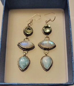 Handmade Green Amethyst Rainbow Moonstone Larimar  Sterling Silver  Earrings - Picture 1 of 7