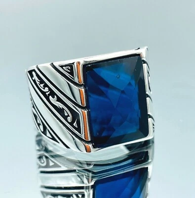 Anillo de piedra de zafiro azul simulado para hombre anillo de plata de ley 925 regalo hecho a mano Foto 1 de 4