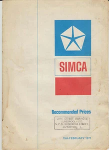 Simca Price List 1971 February 1000 1301 1501 1200 Coupe - Picture 1 of 1