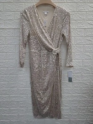 Novo Vestido Midi London Times Manga Longa Lantejoulas Envoltório Falso Tamanho Médio - Imagem 1 de 4
