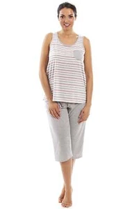 Camille Womens Lightweight Striped Capri Bottom Pyjama Set - Picture 1 of 14