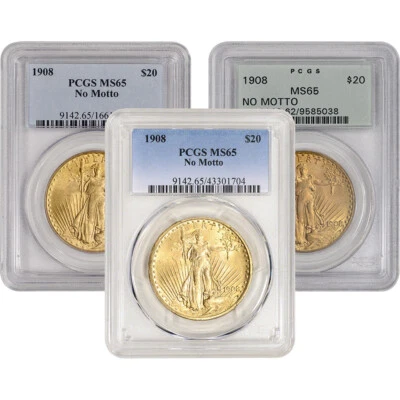 US Gold $20 Saint-Gaudens Double Eagle PCGS MS65 1908 No Motto Random Label - Image 1 of 3