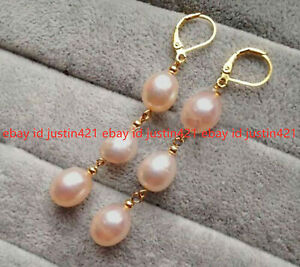 Fashion Fine 8-9mm Natural Pink Freshwater Pearl Dangle Gold Leverback Earrings