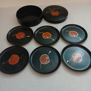 Vintage Otagiri Japan Orange Fruit Print Set Of 6 Coasters w/ Lidded Container - Picture 1 of 10