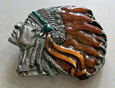 NUOVA fibbia per cintura in peltro indiano americano testa capo indiano occidentale - Immagine 1 di 3