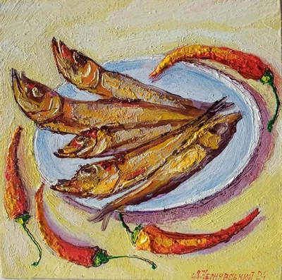 Рыба Импасто картина оригинальное искусство импрессионизм картина маслом 7,8 x 7,8 дюйма - Изображение 1 из 4