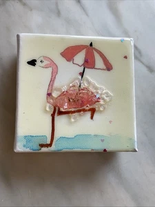 Flamingo Original Gemälde Pfütze Pullover Harz Leinwand Mischtechnik 4x4 Zoll - Bild 1 von 7