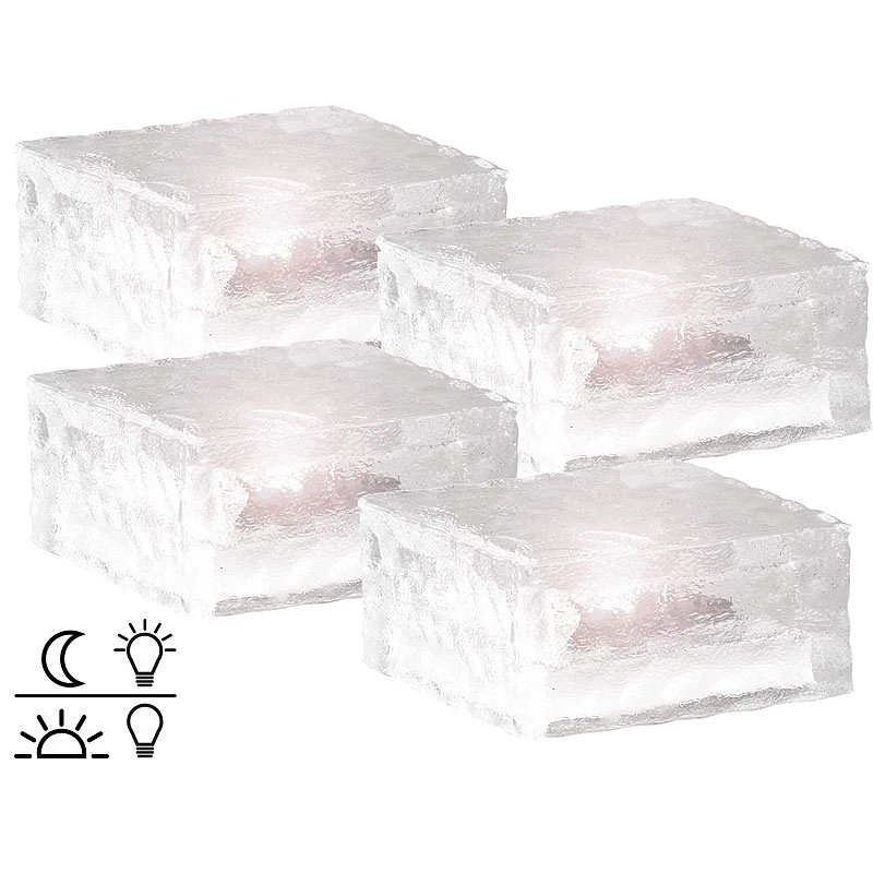 Lunartec Solar-LED-Glasbaustein mit Lichtsensor 4er-Set groß (10x10cm), IP44 - Bild 1 von 4