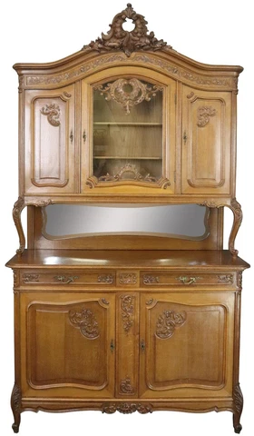 Buffet Louis XV Rococo Antique French 1900 Server Oak Glass 5-Door 2-Drawer Cover