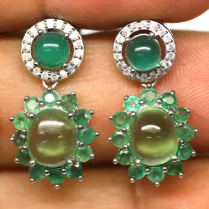 925 Plata de Ley 7 x 8 Mm. Verde Prefnita, Ágata, Emerald Y Circonita Pendientes - Imagen 1 de 4