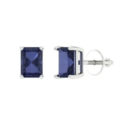 Simulated Blue Sapphire Stud Earrings, Screw back (2 cttw, 7x5mm, Emerald-Cut) - Image 1 of 4