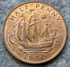 GREAT BRITAIN GEORGE VI 1950 HALFPENNY, GOLDEN HIND SAILING SHIP km# 868 UNC - Picture 1 of 6