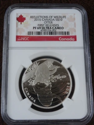 2016 Canada $10 Silver Otter NGC PF 69 Reflections Wildlife First Release Proof - Image 1 of 4