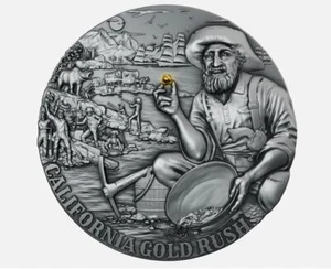 2025 Liberia California Gold Rush 2 oz moneta argento altorilievo 0,002 g inserto oro - Foto 1 di 6
