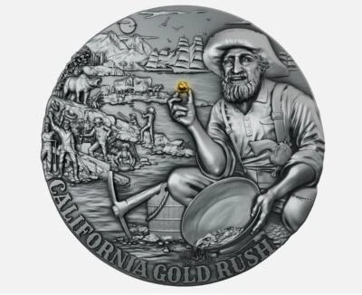 Moneda de plata en alto relieve Liberia California Gold Rush 2025 2 oz 0,002 g inserción de oro Foto 1 de 4