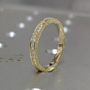 Antique Round Vintage Diamond Filigree Wedding Band Ring 14K Yellow Gold Finish - Picture 1 of 9